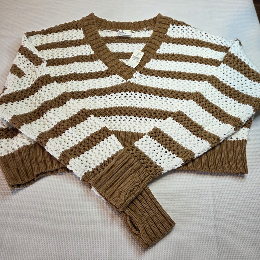Aerie‎ Offline NWT Small Brown & White Striped V-Neck Crop Crochet Knit Sweater